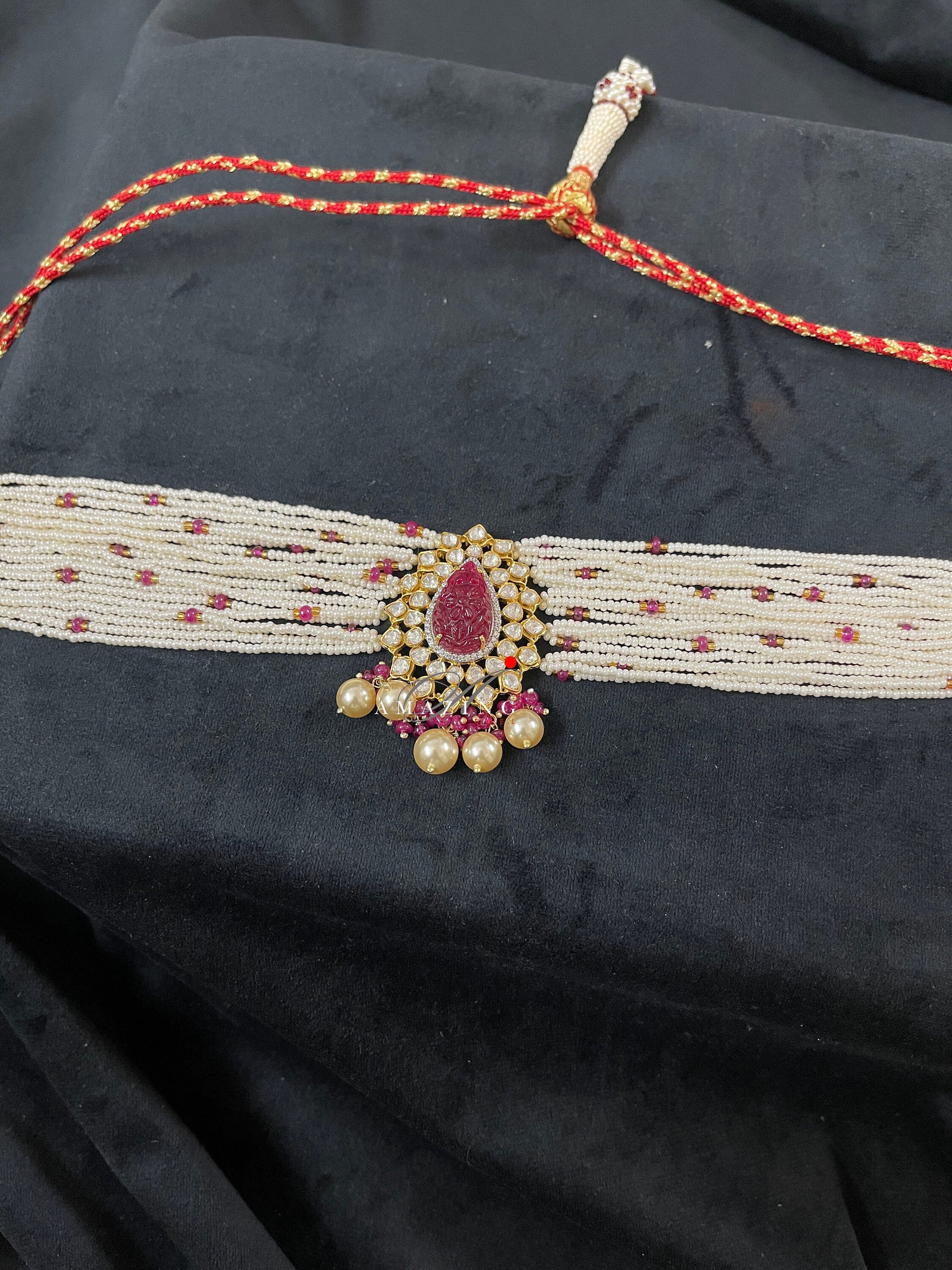 Silver Moissanite Polki Ruby Filled Choker Indian Traditional Wedding Jewelry Bridal Necklace Polki Choker Travel Jewelery Pearl Necklace