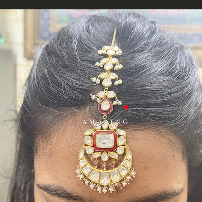 Silver Moissanite Polki & Red Enamel Mangtika ,Moissanite Polki Mangtika, Traditional Mangtika, Bridal Jewelery, Silver Mangtika