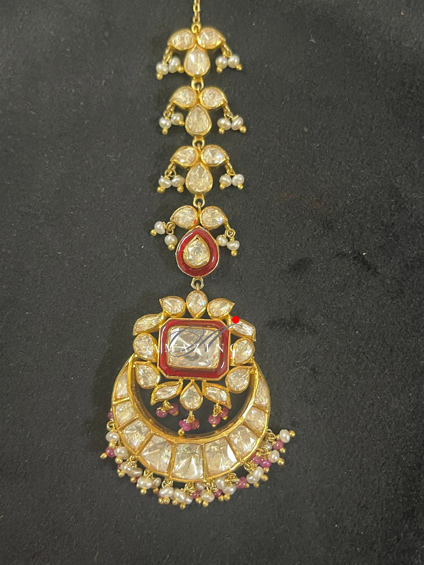 Silver Moissanite Polki & Red Enamel Mangtika ,Moissanite Polki Mangtika, Traditional Mangtika, Bridal Jewelery, Silver Mangtika