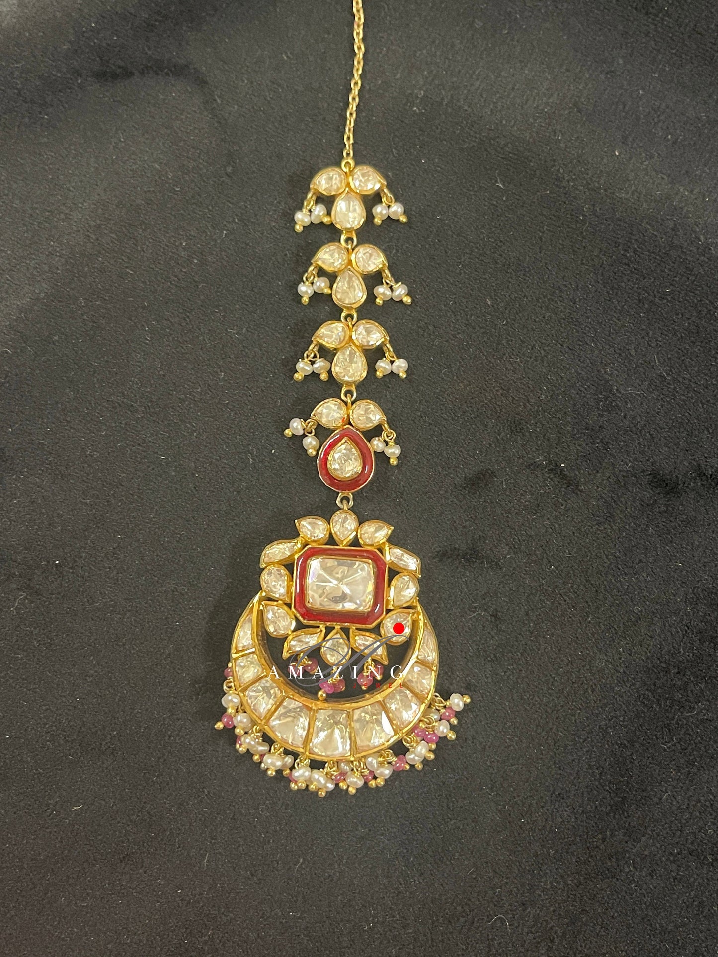 Silver Moissanite Polki & Red Enamel Mangtika ,Moissanite Polki Mangtika, Traditional Mangtika, Bridal Jewelery, Silver Mangtika