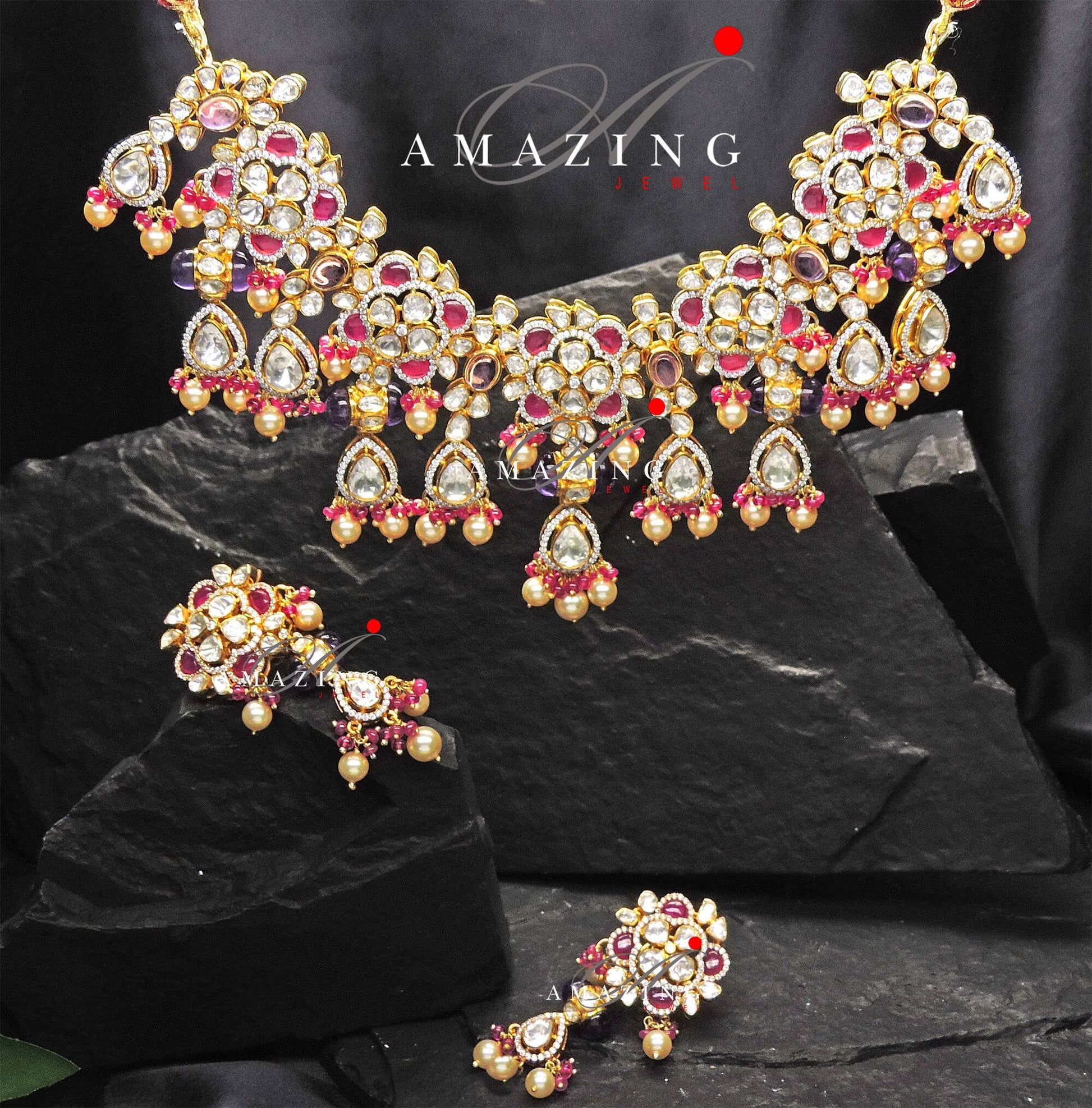 Silver Moissanite Polki Necklace Set  Indian Traditional Wedding Jewelry Set Bridal Jewelry Women Jewelry 925 Sterling Silver Polki Set