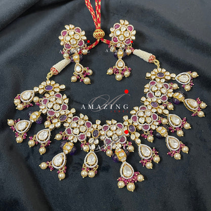 Silver Moissanite Polki Necklace Set  Indian Traditional Wedding Jewelry Set Bridal Jewelry Women Jewelry 925 Sterling Silver Polki Set