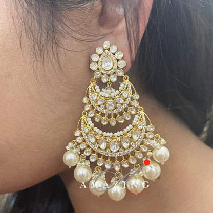 Silver Moissanite Polki Swarovski Stones Chandbali  Kundan Earring Bridal Jewelry Traditional Jewelry  925 Silver Uncut Earring Chandbali