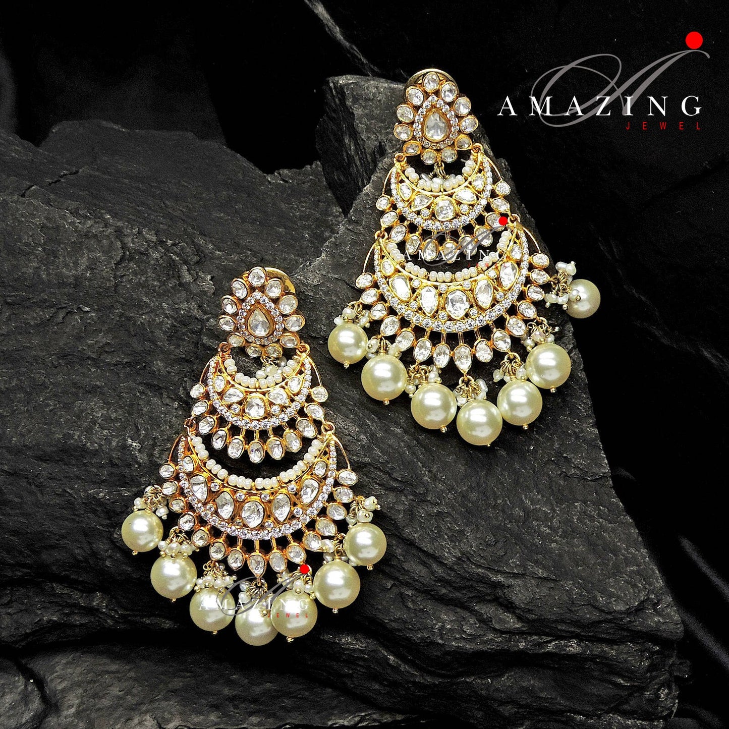 Silver Moissanite Polki Swarovski Stones Chandbali  Kundan Earring Bridal Jewelry Traditional Jewelry  925 Silver Uncut Earring Chandbali