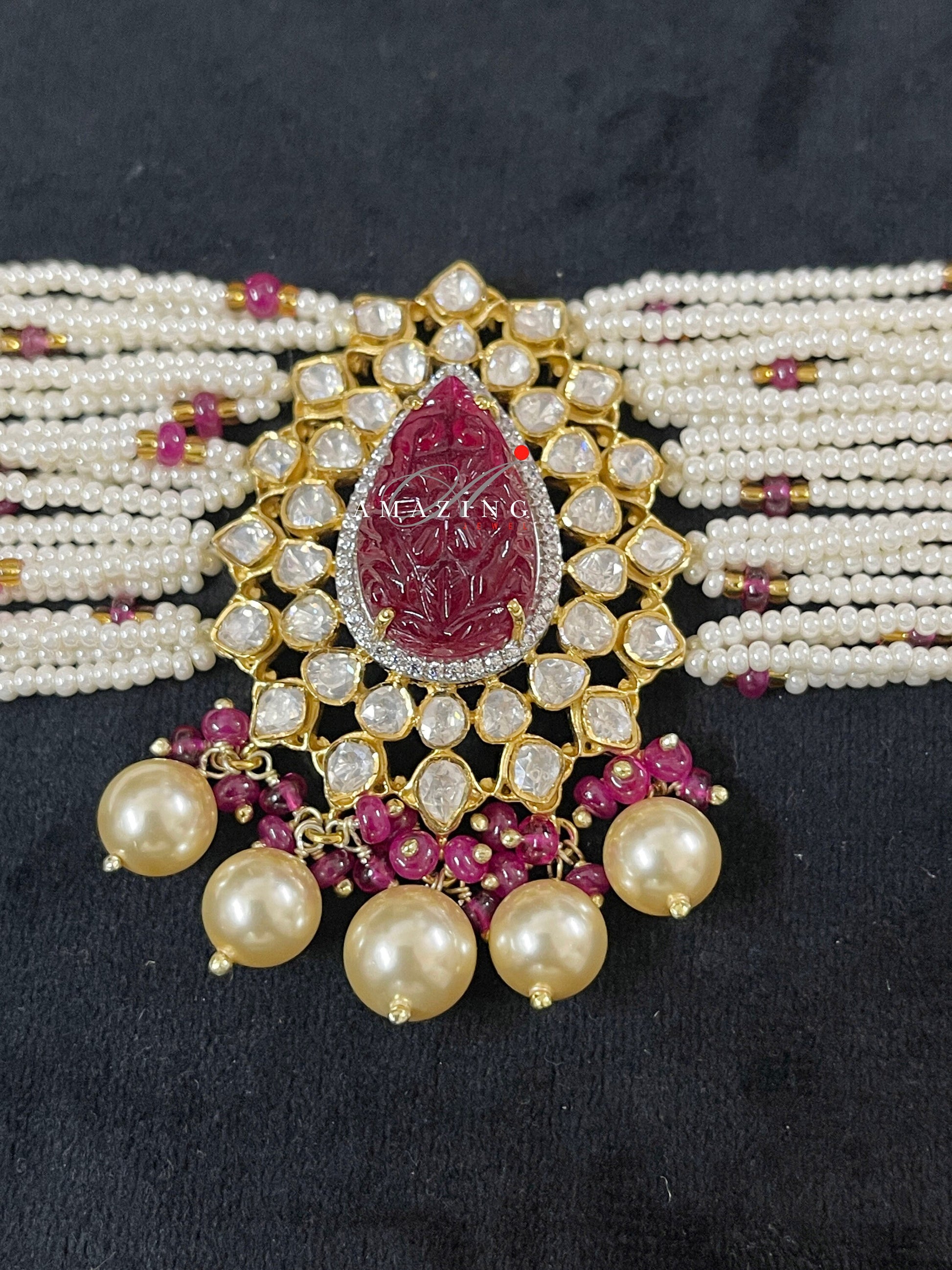 Silver Moissanite Polki Ruby Filled Choker Indian Traditional Wedding Jewelry Bridal Necklace Polki Choker Travel Jewelery Pearl Necklace