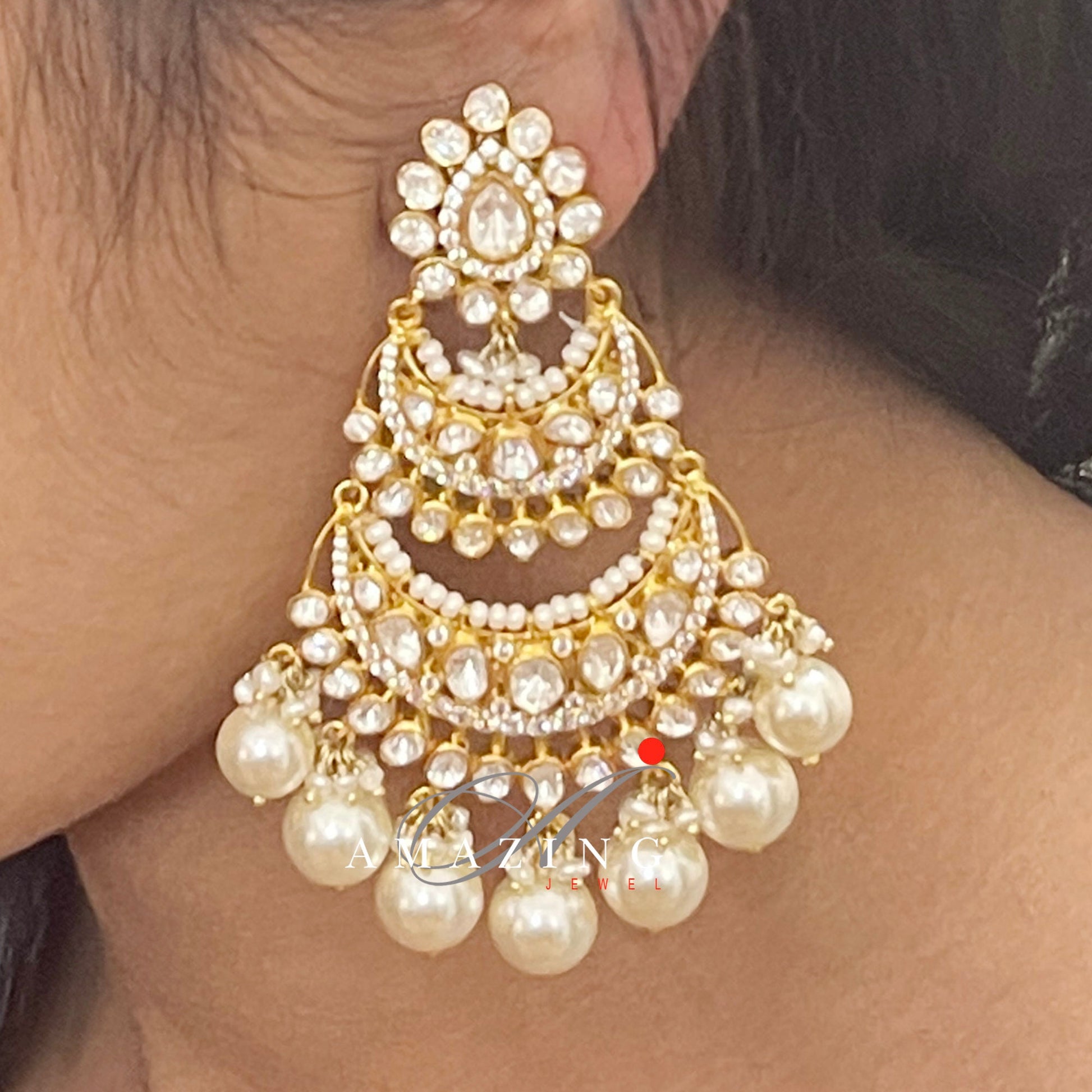 Silver Moissanite Polki Swarovski Stones Chandbali  Kundan Earring Bridal Jewelry Traditional Jewelry  925 Silver Uncut Earring Chandbali