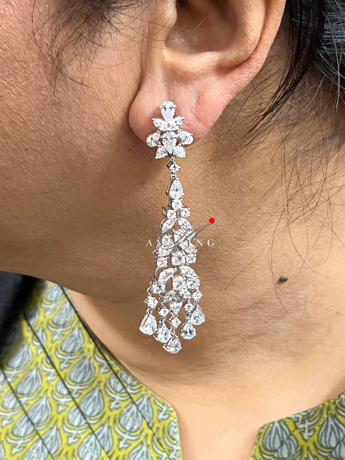 Silver Studded Cubic Zirconia Earring   Swarovski Chandeliers  Bridal Jewelry  Contemporary Jewelry 925 Sterling Silver Earring Fine Jewelry