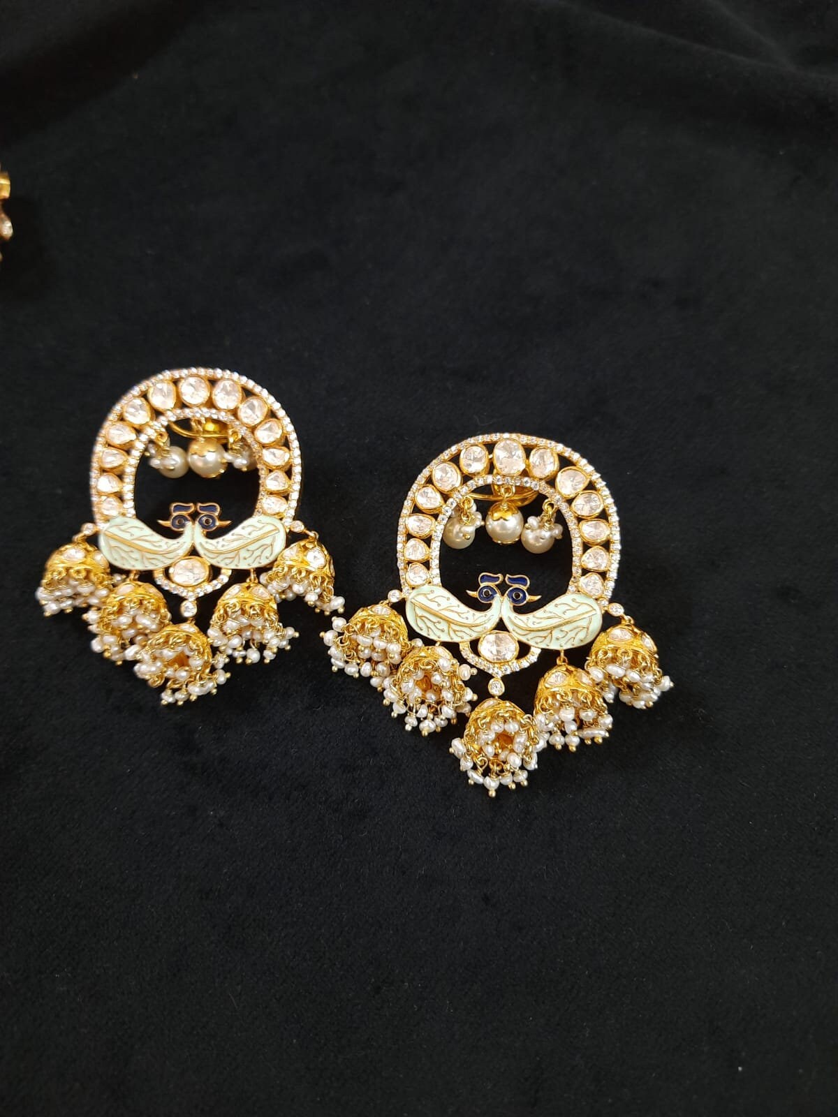 Silver Moissanite Polki with Enamel & Pearls Earring ,Moissanite Polki Earring, Jhumka, Bridal Jewelry, Silver Jhumkas , Enamel Jhumki