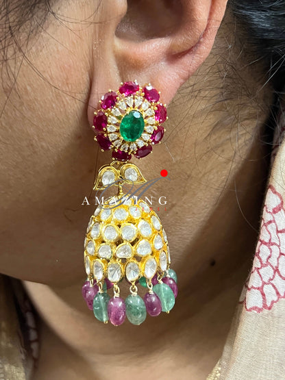 Silver Moissanite Polki Hydro Emerald Ruby Tumble Jhumka Polki Earring Indian Wedding Jewelery Silver Moissanite Polki Jhumki  Big Jhumka