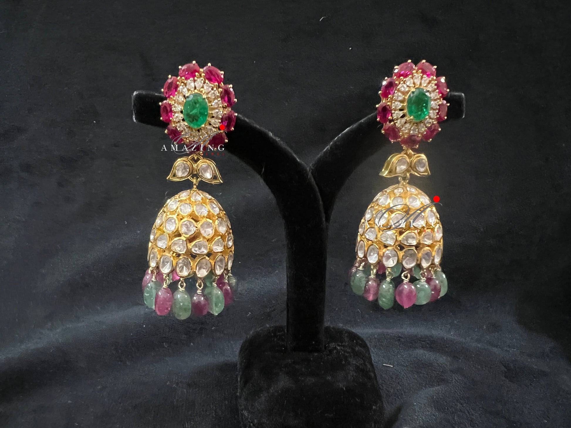 Silver Moissanite Polki Hydro Emerald Ruby Tumble Jhumka Polki Earring Indian Wedding Jewelery Silver Moissanite Polki Jhumki  Big Jhumka