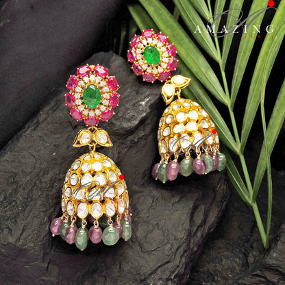 Silver Moissanite Polki Hydro Emerald Ruby Tumble Jhumka Polki Earring Indian Wedding Jewelery Silver Moissanite Polki Jhumki  Big Jhumka