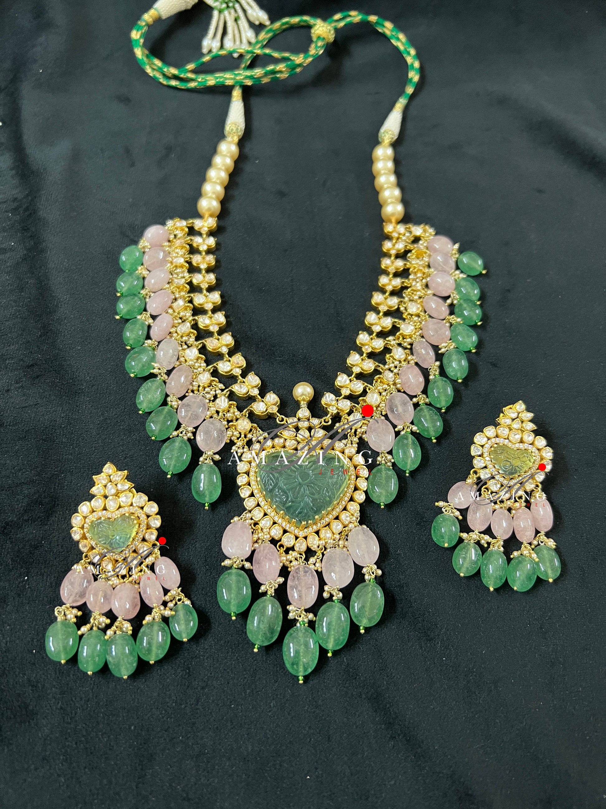 Silver Moissanite Polki Necklace set, Indian Traditional Wedding Jewelery Set ,Polki set, Morganite & Emerald Beads