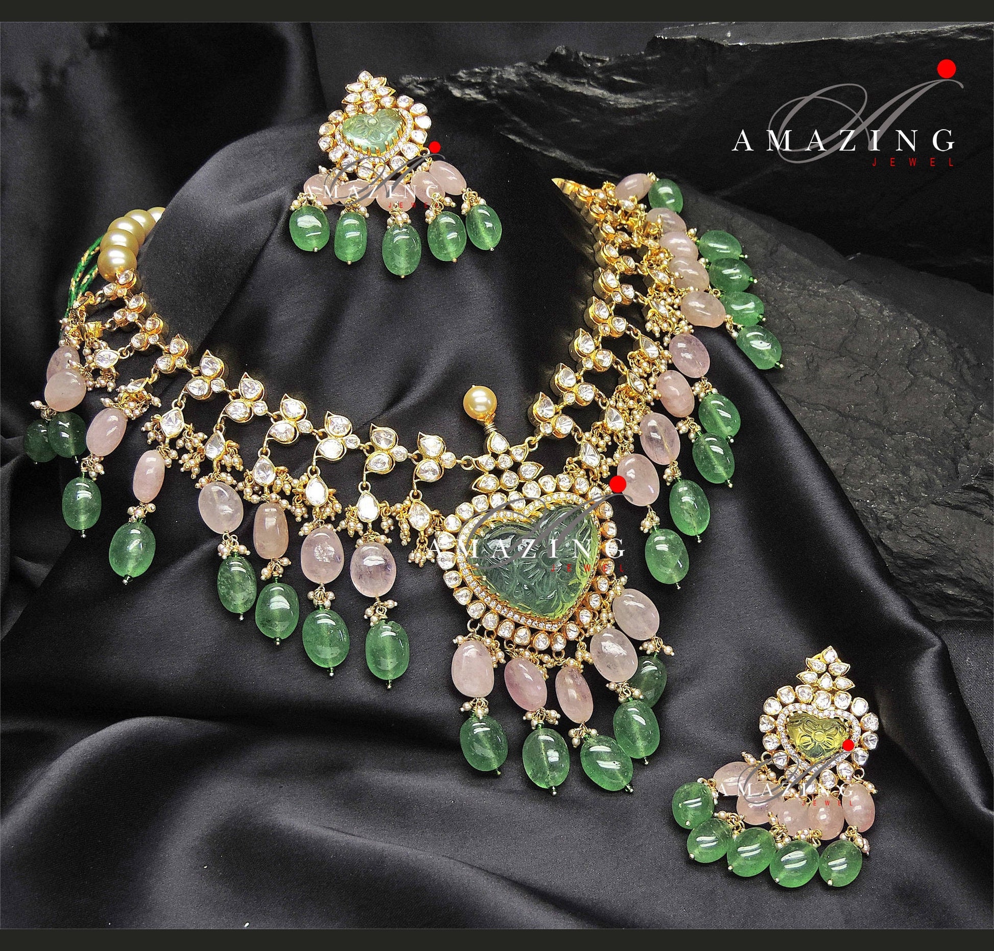 Silver Moissanite Polki Necklace set, Indian Traditional Wedding Jewelery Set ,Polki set, Morganite & Emerald Beads