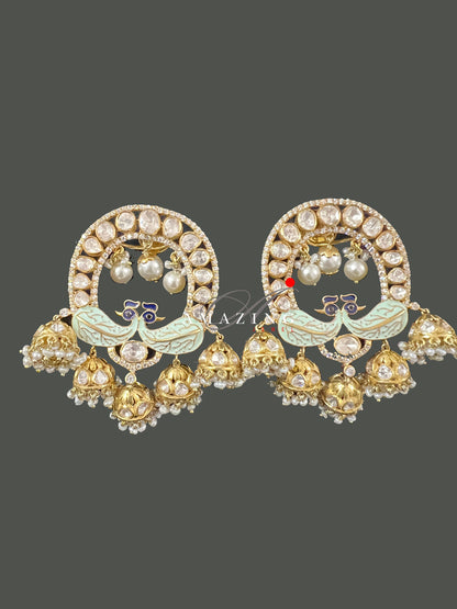 Silver Moissanite Polki with Enamel & Pearls Earring ,Moissanite Polki Earring, Jhumka, Bridal Jewelry, Silver Jhumkas , Enamel Jhumki