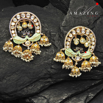 Silver Moissanite Polki with Enamel & Pearls Earring ,Moissanite Polki Earring, Jhumka, Bridal Jewelry, Silver Jhumkas , Enamel Jhumki