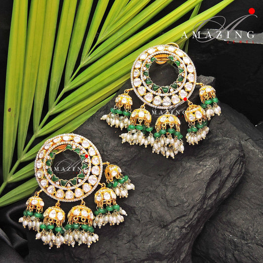 Silver Moissanite Polki with Green Chip & Pearls Earring ,Moissanite Polki Earring, Jhumka, Bridal Jewelry, Silver Jhumkas ,Wedding Jhumki