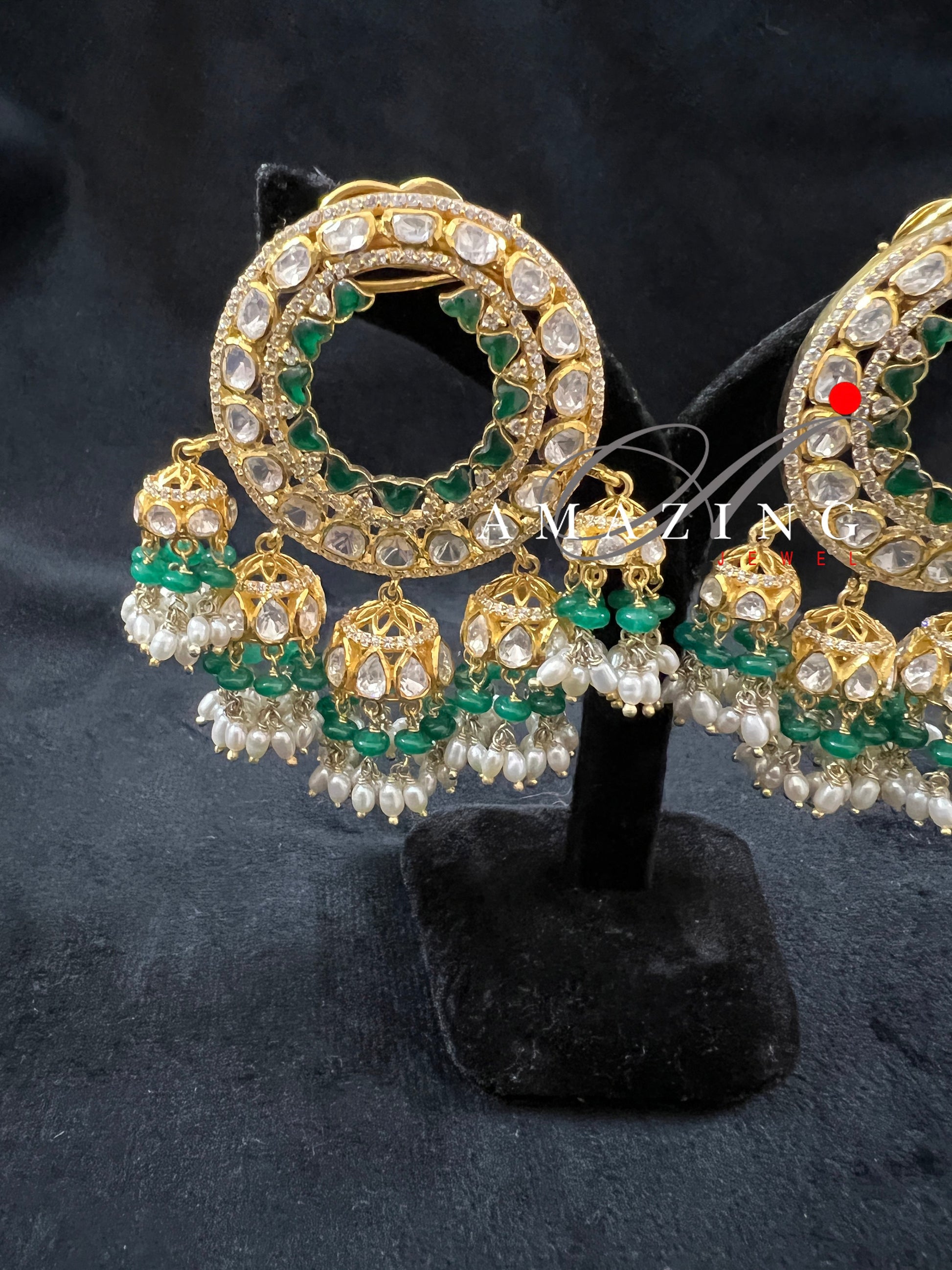 Silver Moissanite Polki with Green Chip & Pearls Earring ,Moissanite Polki Earring, Jhumka, Bridal Jewelry, Silver Jhumkas ,Wedding Jhumki