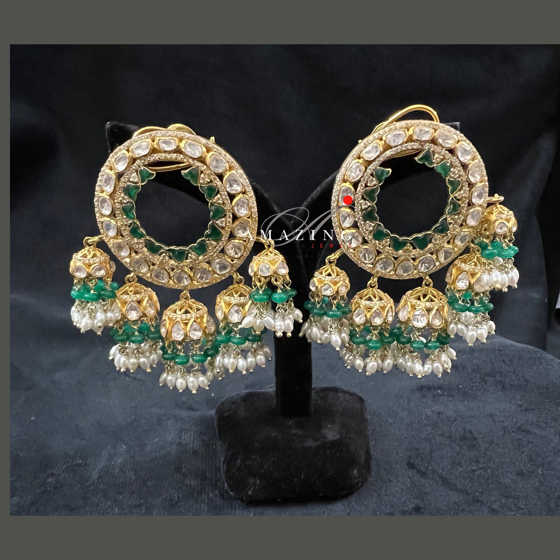 Silver Moissanite Polki with Green Chip & Pearls Earring ,Moissanite Polki Earring, Jhumka, Bridal Jewelry, Silver Jhumkas ,Wedding Jhumki