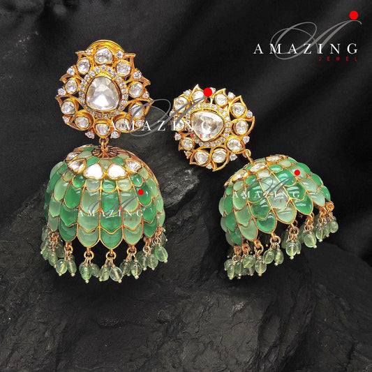 Silver Moissanite Polki  Emerald Jhumka, Polki Kundan Earring, Indian Wedding Jewelery, Moissanite Polki Jhumki,  Big Jhumka, Bridal Earring