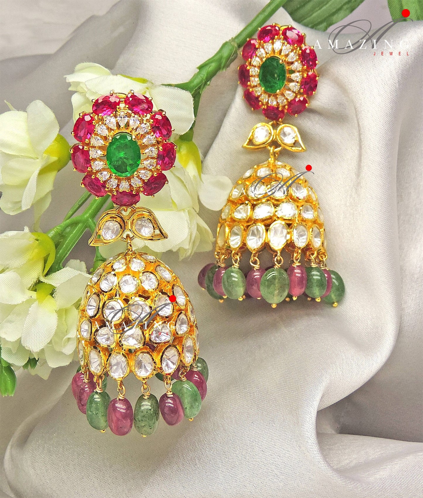 Silver Moissanite Polki Hydro Emerald Ruby Tumble Jhumka Polki Earring Indian Wedding Jewelery Silver Moissanite Polki Jhumki  Big Jhumka