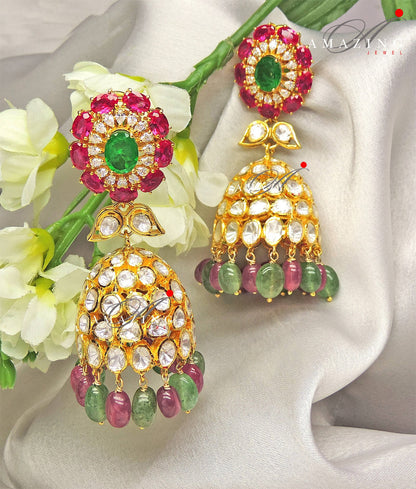 Silver Moissanite Polki Hydro Emerald Ruby Tumble Jhumka Polki Earring Indian Wedding Jewelery Silver Moissanite Polki Jhumki  Big Jhumka