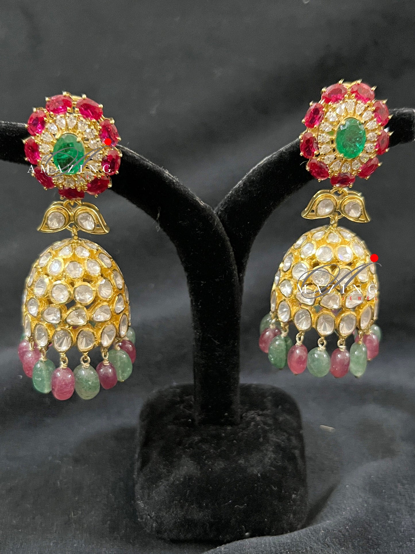 Silver Moissanite Polki Hydro Emerald Ruby Tumble Jhumka Polki Earring Indian Wedding Jewelery Silver Moissanite Polki Jhumki  Big Jhumka