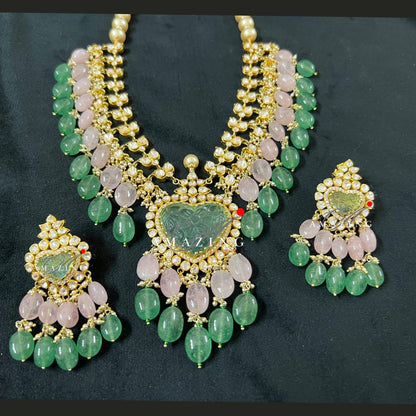 Silver Moissanite Polki Necklace set, Indian Traditional Wedding Jewelery Set ,Polki set, Morganite & Emerald Beads