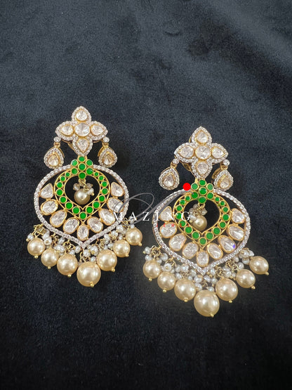 Silver Polki Chandbali, Emerald Earring, Kundan Chandbali, Bridal Jewelery, Traditional Jewelery, 925 Silver Earring, Chandbali, Mossianite