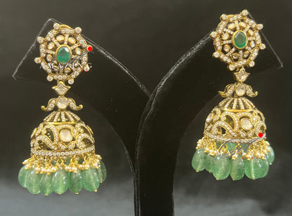 Silver Moissanite Polki Hydro Emerald Tumble Jhumka, Polki Kundan Earring, Indian Wedding Jewelery, Silver Polki Jhumki, Big Jhumka, Earring