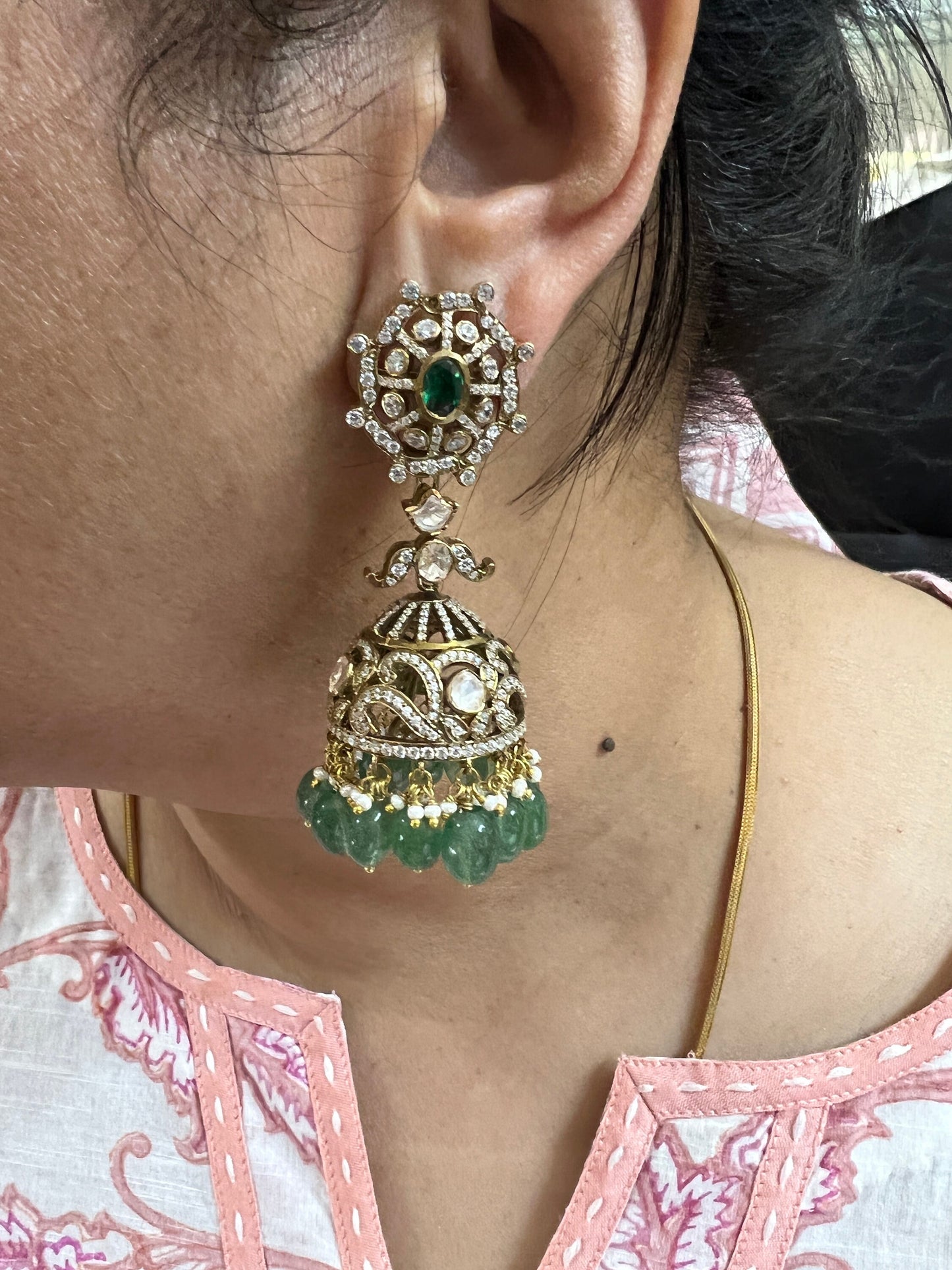 Silver Moissanite Polki Hydro Emerald Tumble Jhumka, Polki Kundan Earring, Indian Wedding Jewelery, Silver Polki Jhumki, Big Jhumka, Earring