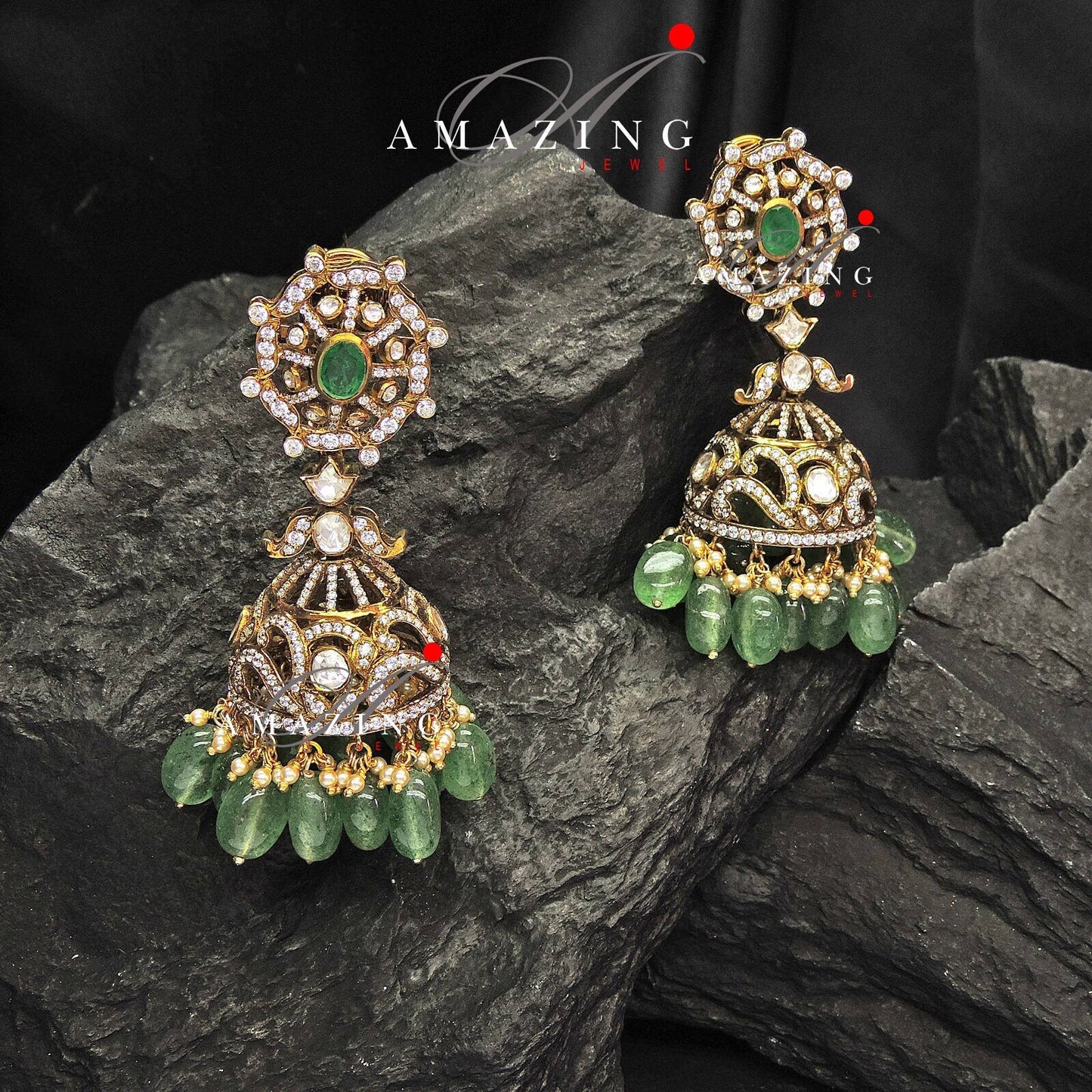 Silver Moissanite Polki Hydro Emerald Tumble Jhumka, Polki Kundan Earring, Indian Wedding Jewelery, Silver Polki Jhumki, Big Jhumka, Earring