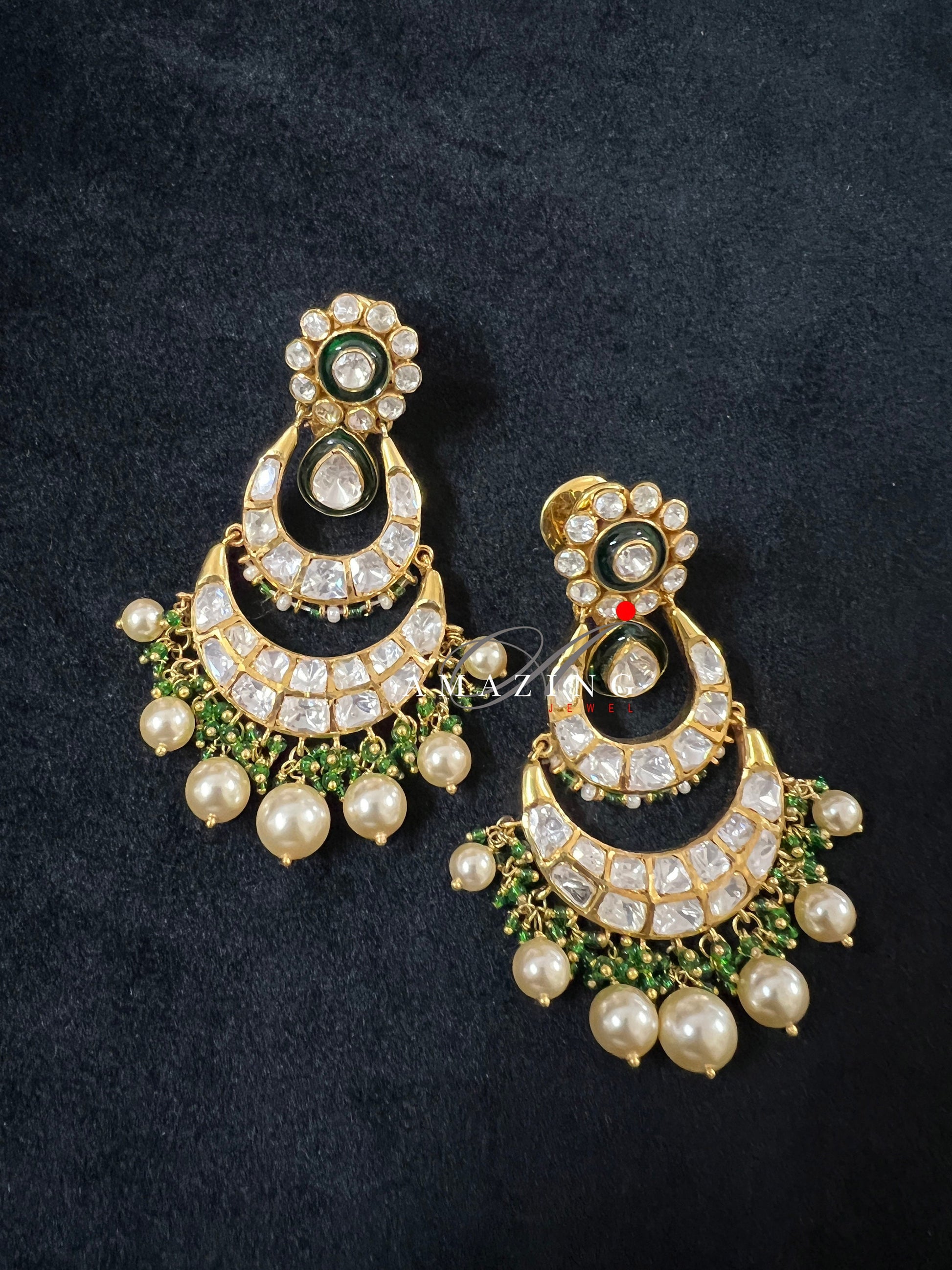 Silver Moissanite Polki Enamel Earring, Moissanite Kundan Chandbali, Bridal Jewelry, Traditional Jewelry, Sterling Silver Earring, Chandbali