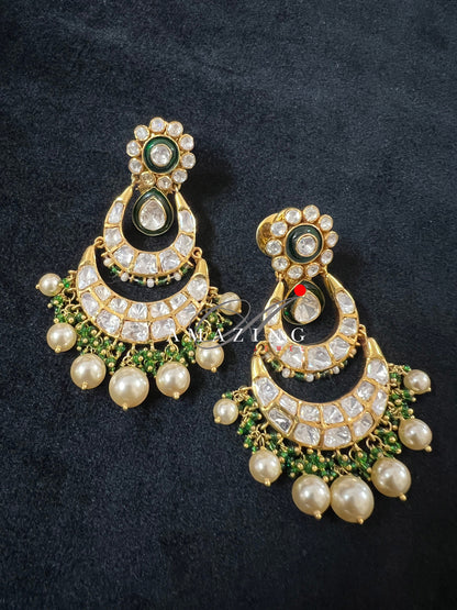 Silver Moissanite Polki Enamel Earring, Moissanite Kundan Chandbali, Bridal Jewelry, Traditional Jewelry, Sterling Silver Earring, Chandbali