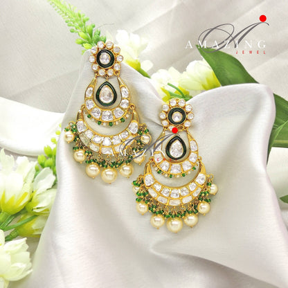 Silver Moissanite Polki Enamel Earring, Moissanite Kundan Chandbali, Bridal Jewelry, Traditional Jewelry, Sterling Silver Earring, Chandbali