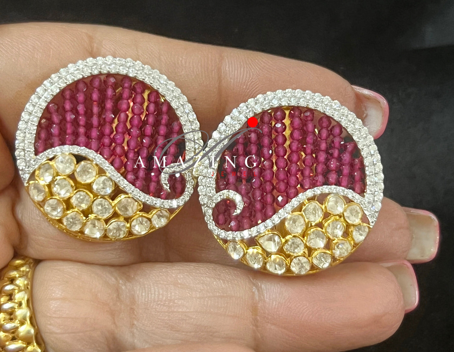 Silver Moissanite Polki Hydro Ruby Beads Earrings, Moissanite Polki Earring, Indian Wedding Jewelery, Silver Beads Polki Earring, Stud