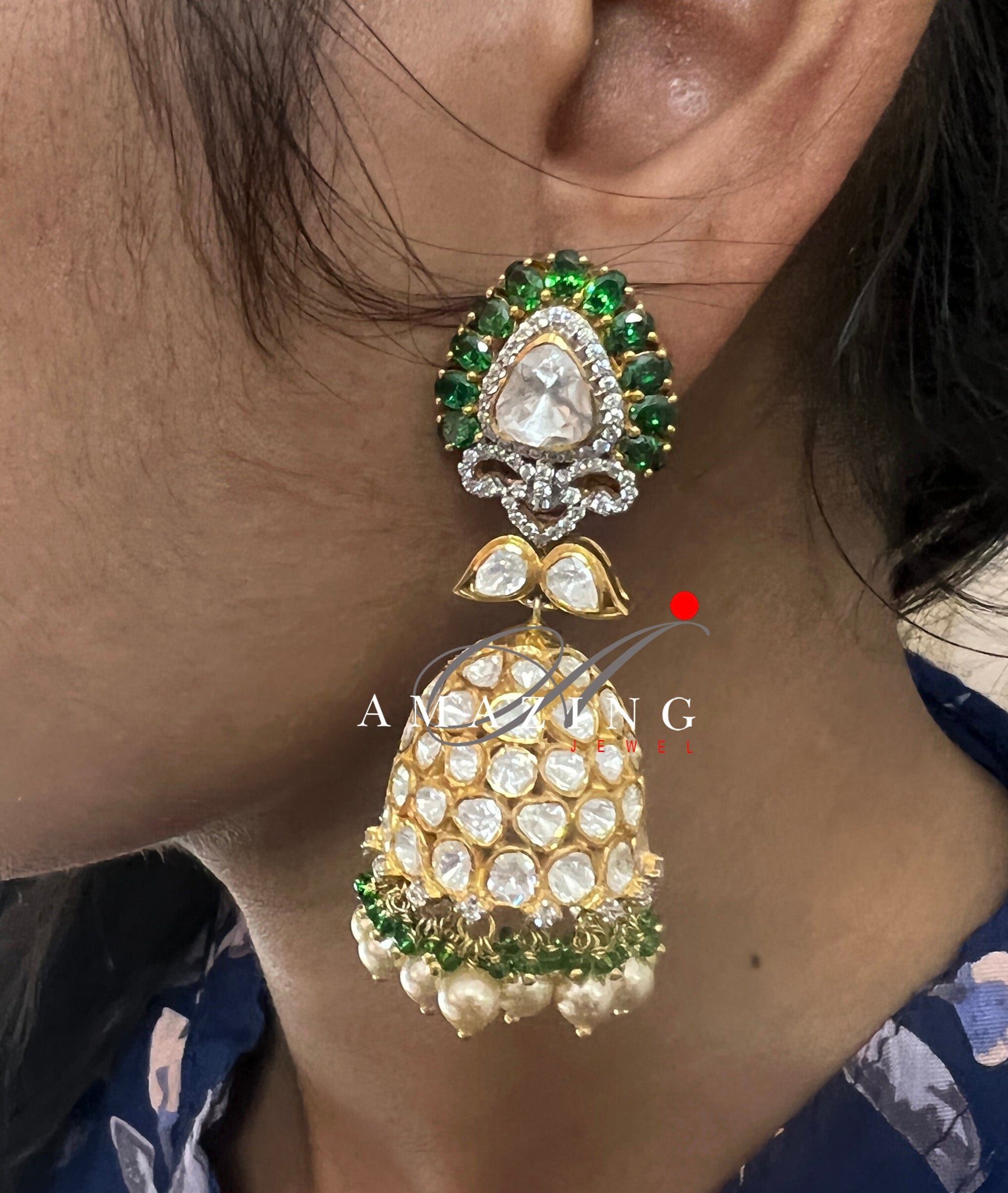 Silver Moissanite Polki  Emerald Jhumka, Polki Kundan Earring, Indian Wedding Jewelery, Moissanite Polki Jhumki,  Big Jhumka, Bridal Earring