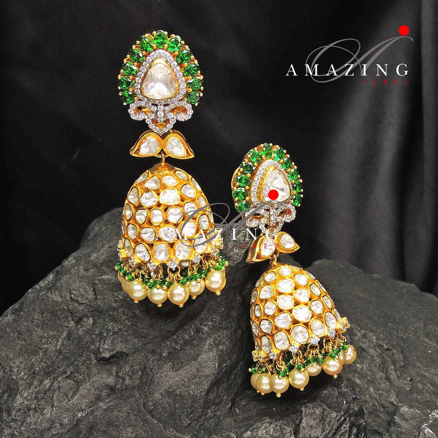 Silver Moissanite Polki  Emerald Jhumka, Polki Kundan Earring, Indian Wedding Jewelery, Moissanite Polki Jhumki,  Big Jhumka, Bridal Earring