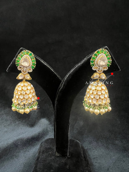 Silver Moissanite Polki  Emerald Jhumka, Polki Kundan Earring, Indian Wedding Jewelery, Moissanite Polki Jhumki,  Big Jhumka, Bridal Earring