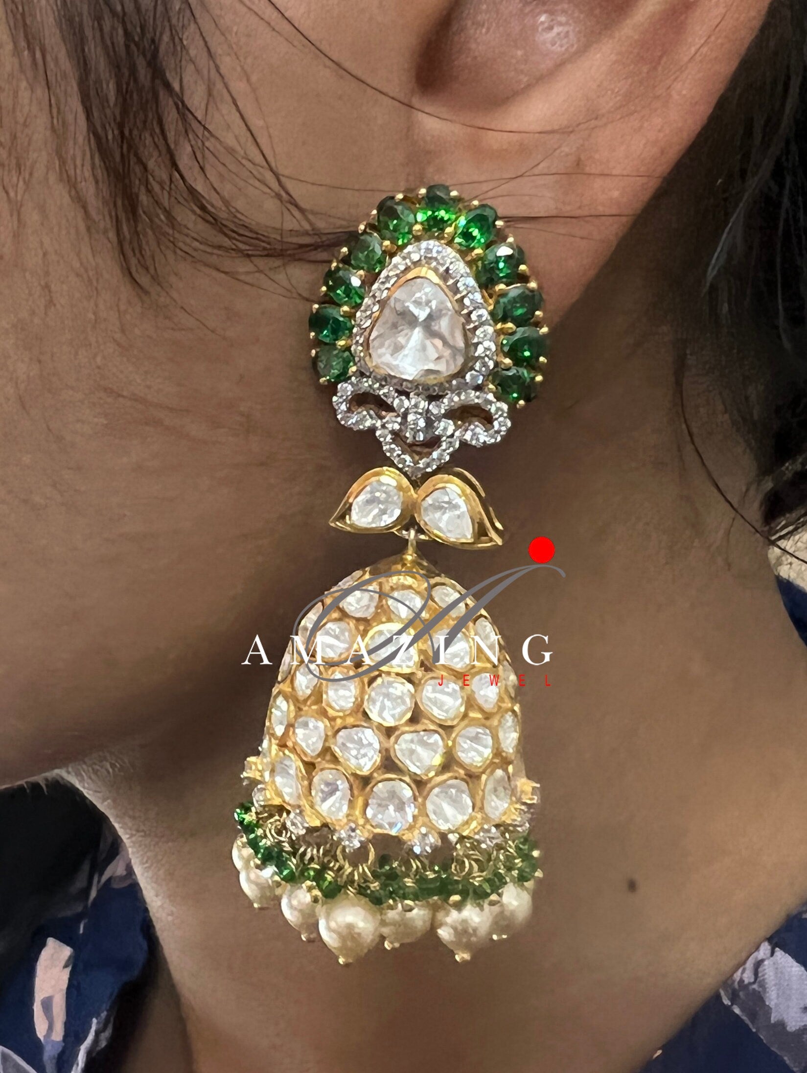 Silver Moissanite Polki  Emerald Jhumka, Polki Kundan Earring, Indian Wedding Jewelery, Moissanite Polki Jhumki,  Big Jhumka, Bridal Earring