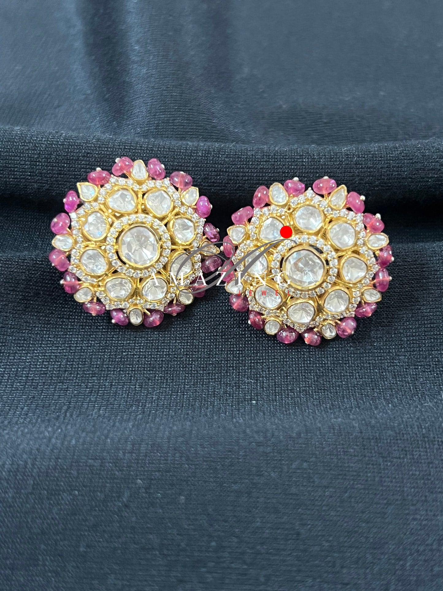 Silver Moissanite Polki Ruby Beads Earrings, Moissanite Polki Earring, Indian Wedding Jewelery, Silver Beads Polki Earring, Stud ,Ruby beads