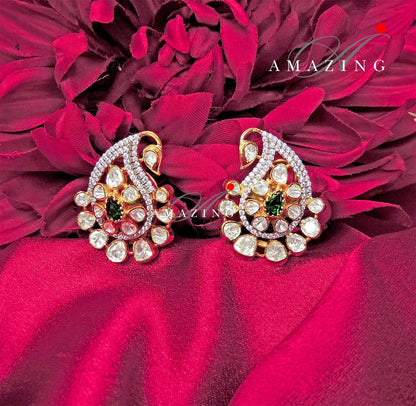 Silver Moissanite and Green Hydro Emerald, Polki Earring,  Moissanite Polki Earring, Wedding Jewelery,  Indian Jewelery, Traditional Earring