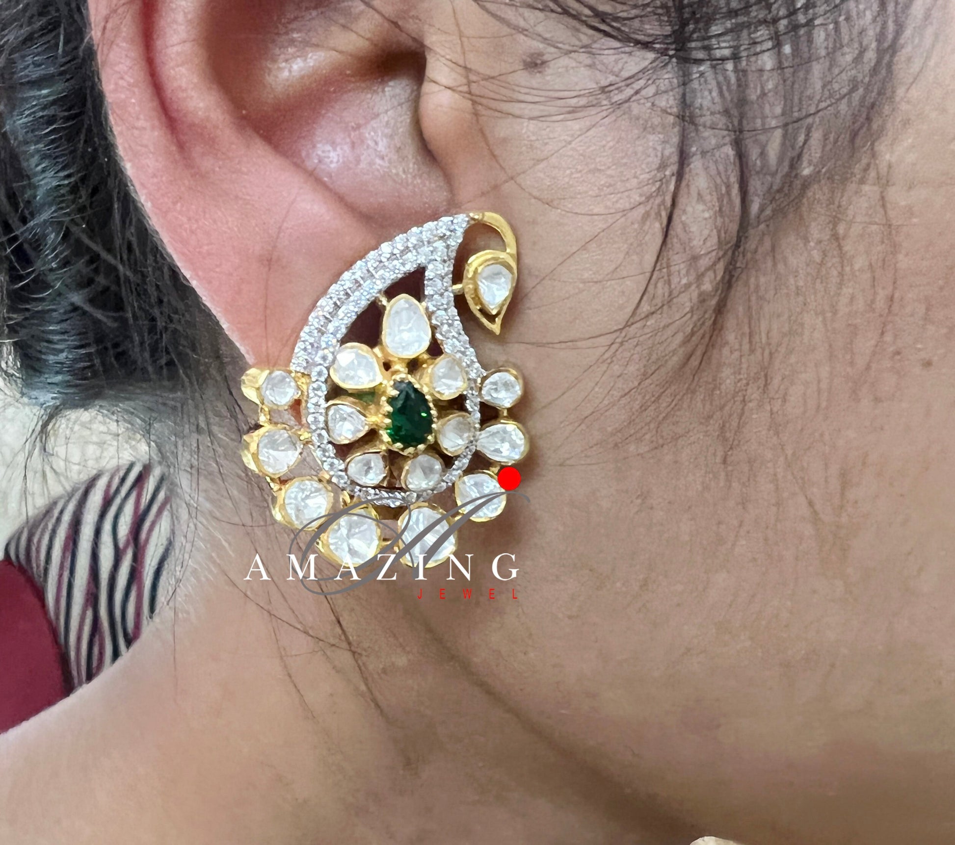 Silver Moissanite and Green Hydro Emerald, Polki Earring,  Moissanite Polki Earring, Wedding Jewelery,  Indian Jewelery, Traditional Earring