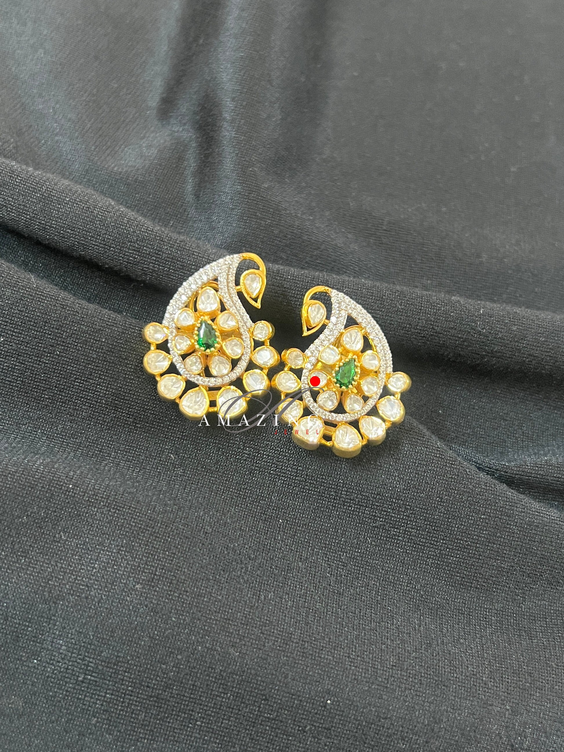 Silver Moissanite and Green Hydro Emerald, Polki Earring,  Moissanite Polki Earring, Wedding Jewelery,  Indian Jewelery, Traditional Earring