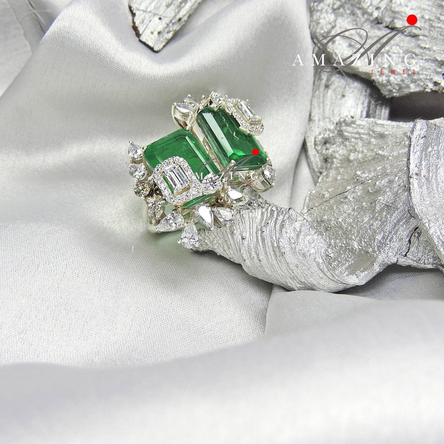 Silver Swarovski Hydro Emerald Ring, Indian Ring, Cubic Zirconia Ring, Statement Ring, Silver Cocktail Ring,  Sterling Silver, Emerald Ring