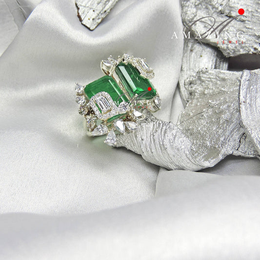 Silver Swarovski Hydro Emerald Ring, Indian Ring, Cubic Zirconia Ring, Statement Ring, Silver Cocktail Ring,  Sterling Silver, Emerald Ring