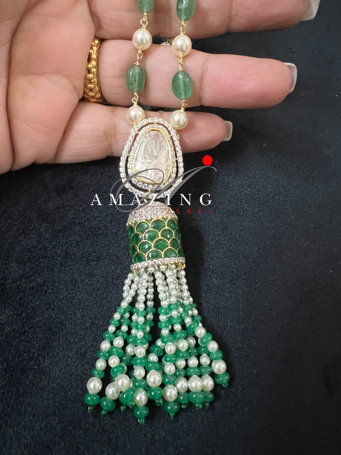 Silver Moissanite Polki Emerald Beads Pendant, Indian Wedding Jewelery, Moissanite Polki Tassel Pendant, Tassel Pendant, Silver Pendant