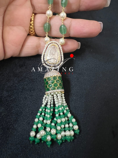 Silver Moissanite Polki Emerald Beads Pendant, Indian Wedding Jewelery, Moissanite Polki Tassel Pendant, Tassel Pendant, Silver Pendant