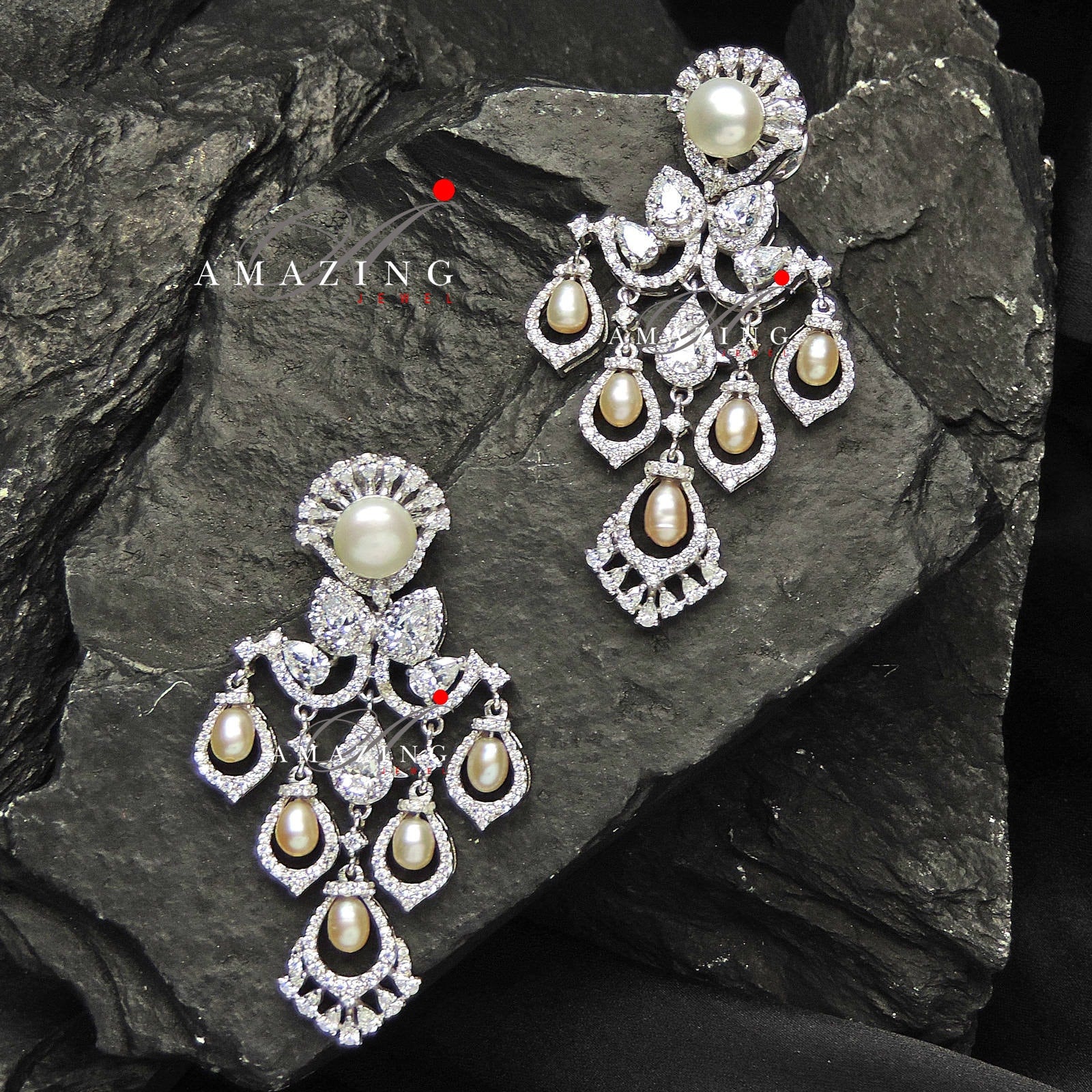 Silver Studded Cubic Zirconia Earring , Swarovski Chandeliers ,Bridal Jewelery ,Contemporary Jewelery, 925 Silver Earring, Fine Jewelery