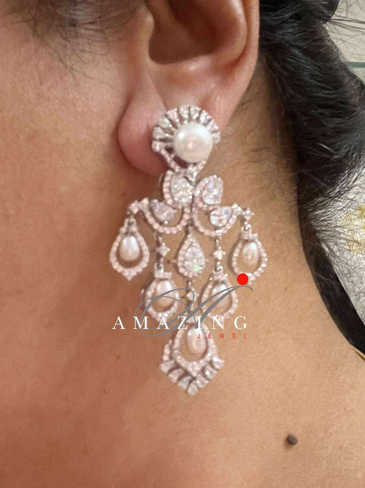 Silver Studded Cubic Zirconia Earring , Swarovski Chandeliers ,Bridal Jewelery ,Contemporary Jewelery, 925 Silver Earring, Fine Jewelery