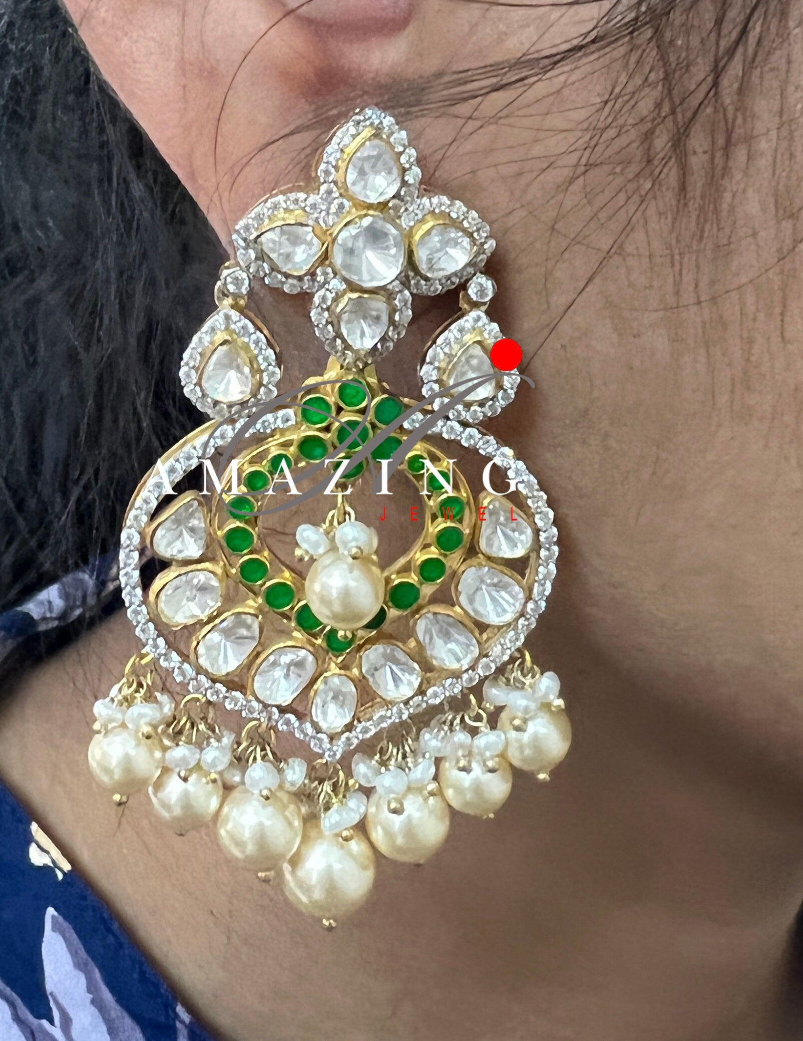 Silver Polki Chandbali, Emerald Earring, Kundan Chandbali, Bridal Jewelery, Traditional Jewelery, 925 Silver Earring, Chandbali, Mossianite